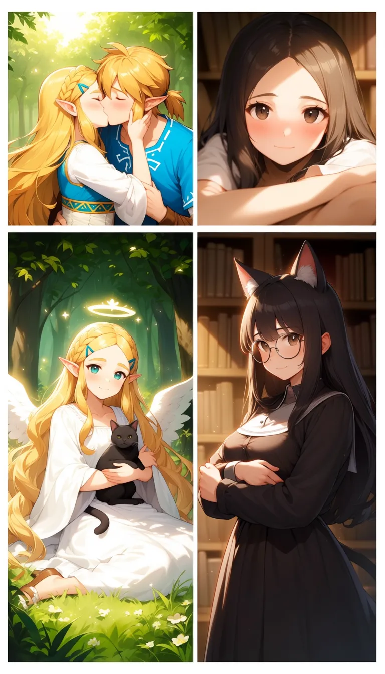 A single canvas divided into four corners, each telling a different story: top-left corner shows a soft romantic moment, a girl and a boy resembling Princess Zelda and her partner, gently embracing and kissing with eyes closed, surrounded by nature and warm sunlight top-right corner focuses on a quiet portrait of a girl, close-up face, looking directly at the viewer with a calm and subtle expression bottom-left corner depicts a serene angelic girl with flowing blonde wavy hair, halo and wings, sitting peacefully in a forest, wearing a white dress, smiling softly as light filters through the trees bottom-right corner presents a mysterious catgirl with long black hair and round glasses, holding a cat in her arms, standing inside a dimly lit library, surrounded by shadows and a cozy atmosphere masterpiece, best quality, highly detailed, consistent lighting, clean composition