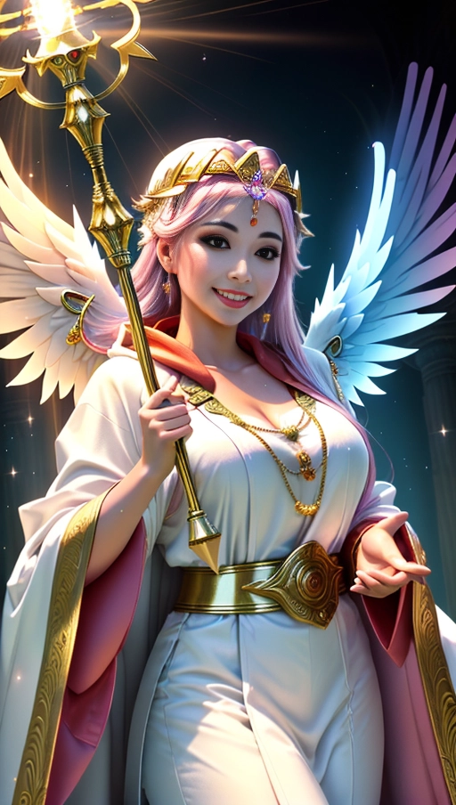 a 64k high detailed photo of Female Goddess, ((In clothing Robes))), HDR, Professional, Highly Detailed, ((In pants))), ((In Shirt)), ((Has Attire)), Godly, Ultra Detailed, Best Quality, Most Detailed, ((Angel Wings)), Angelic Lighting, Angelic Tattoos, Love, Hope, Magic casting, Smiling, happy, Glory, Warrior, Angels, Angelics, Positivity, Happiness, ecstasy, enraptured, sweaty, saving, God, Royalty, Morality, Goodness, True Good, Power, Force, Authority, Ethical, Saviour, Halo, Always and Forever Sentimental, in heat, hot, ultra hot, best, best lighting, tantric, Neutral, Brilliant, Logical, Compassionate, Perfect, Perfection, Exciting, Integrity, Winged, Courage, Purity, Harmony, Beauty mark, ((Female)), Ethereal Lighting, (((With Clothes))), ((With God Item)), ((God Tech)), (God Technology), with items of power, God Wings, (Afterlife Light), ((Perfect Body)), ((Perfect Anatomy)), (Love Worship), (God Light), ((God Staff))), ((God Weapon)), (Spirituality), (Smiling), ((Happy expression)), ((((Has Clothing On))), accessories,