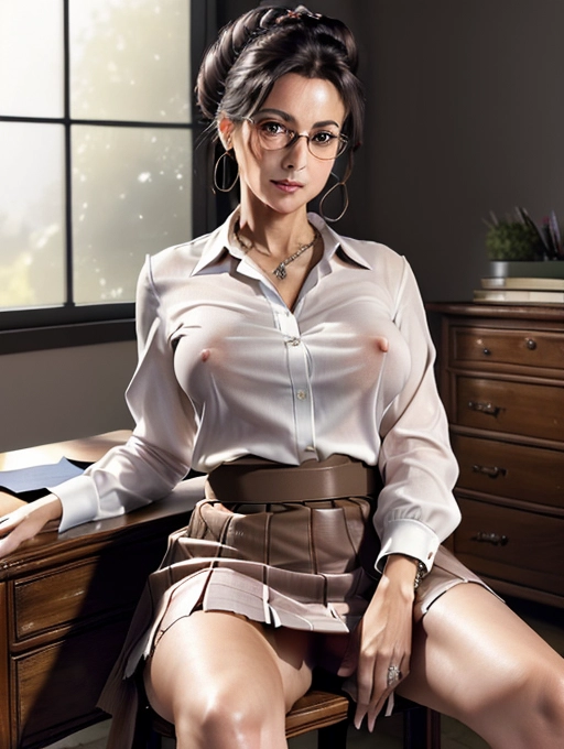 RAW photo:1.2), (photorealistic:1.4),(masterpiece:1.4), (best quality:1.4),ultra high res,((detailed facial features)),HDR,8k resolution 8k high resolution photograph 8k high resolution full body shot of (((a beautiful slutty mature lady dressed in skirt and blouse)), ((skirt pulled up)), wearing glasses, hair in bun, (((sitting back on her desk))),((( spreading her legs wide apart))), (((naked pussy visible upskirt)))