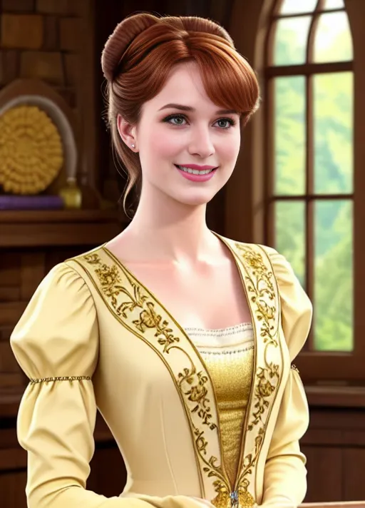 Exploring the wonders of the Harvest Festival, Adult beautiful joyful sweet Anna of Arendelle portrayed by Elizabeth Lail with a warm smile, very big soft sapphire eyes, her auburn hair in a low hanging bun in back and single braid on the front top with golden wheat stalk combs slid into the sides, dressed in a cream colored dress with gold and purple embroidery and a light tan jacket. Photorealistic.