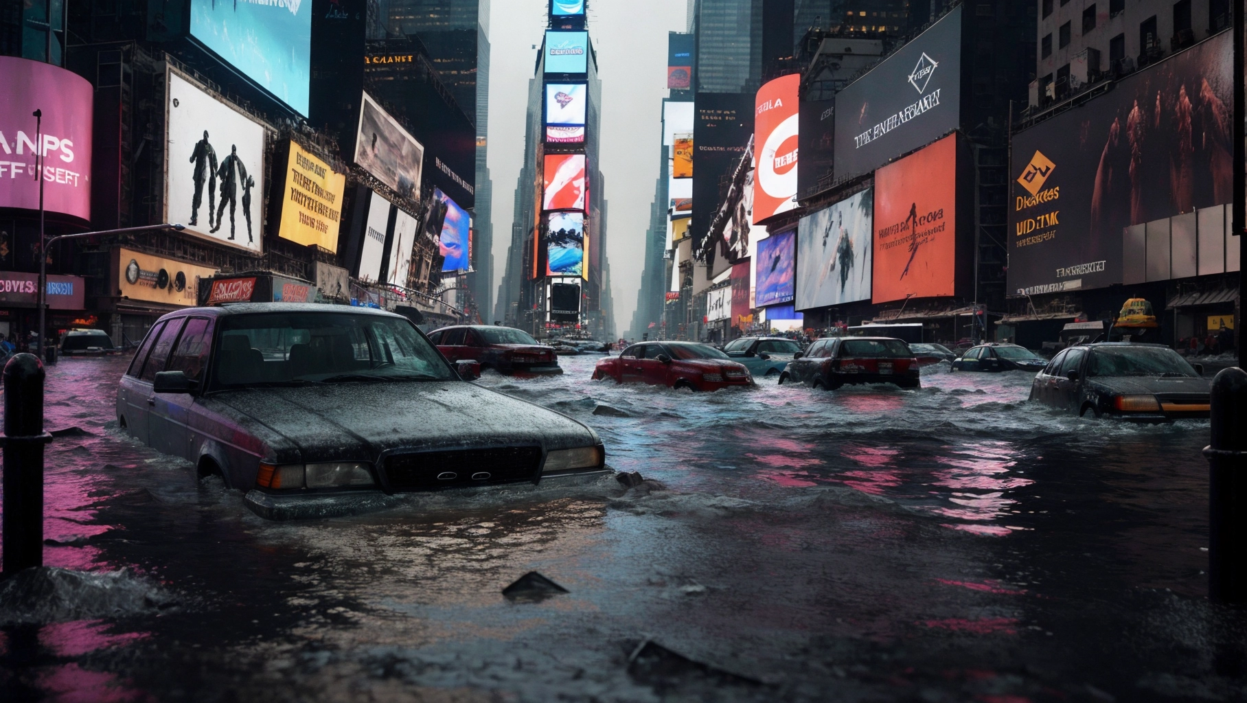 Photo of Times Square New York area being submerged under two meters of flash flood from the sea, chaos and debris everywhere, drowned bodies floating above water, collapsing buildings, very realistic, very detailed, real life photography, 4k uhd, unreal engine, historical