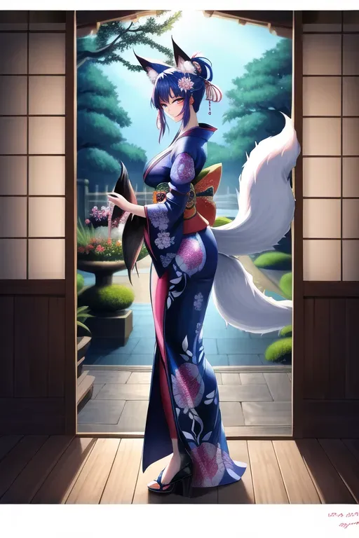 digital art, 20 year old, a nine-tail fox, insanely beautiful, kimono, blue, garden, daytime, indoor lights, happy, 8k, professional