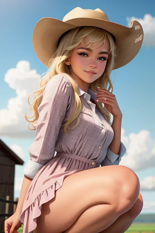 Preachers daughter, Zendaya face, blonde hair up in a bun, wide blue eyes, soft cheeks, full lips, happy smile, curvy, small breasts, thin waist, full ass, half naked, black cowbgirl hat, button up plaid dress, wind blowing dress, pink bloomers, squatting, cattle ranch in the background, cowboy in the background, high definition, excellent lighting, 4k quality.