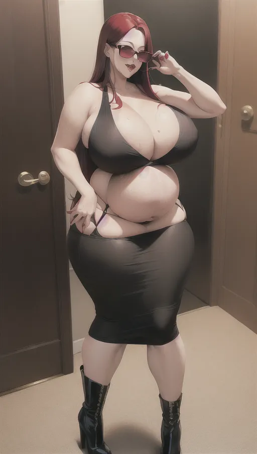 Dark red hair, sexy glasses,Sexy women ,big boobs,pregnant gigantic belly,fat belly and fat boobs,weight gain, gigantic fat belly,fat belly ,huge pumped up belly, black mini skirt, black high heels boots,sex,nude boobs, <lora:dpmg_pov_Big_fat_belly:1> , (( women vore )),((((vore belly)))),(((women prey vore belly)))
