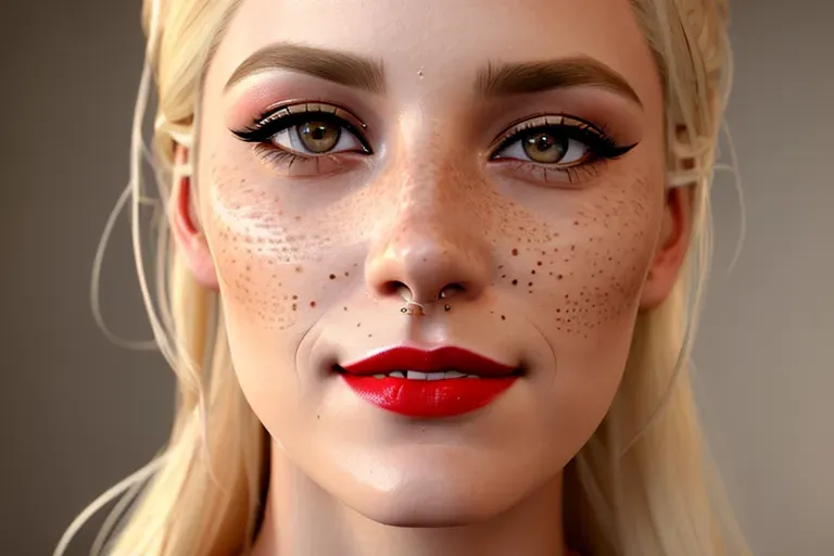 an ultra realistic photograph of,blonde,long blonde hair,gorgeous face, crooked nose,beautiful lips, lipstick,red lips,curved eyebrows,curved eyelid,textured skin, freckles, highly detailed,cgsociety,sharp focus,artstation,film style,happy,joyful,(smiling),long hair,looking at camera