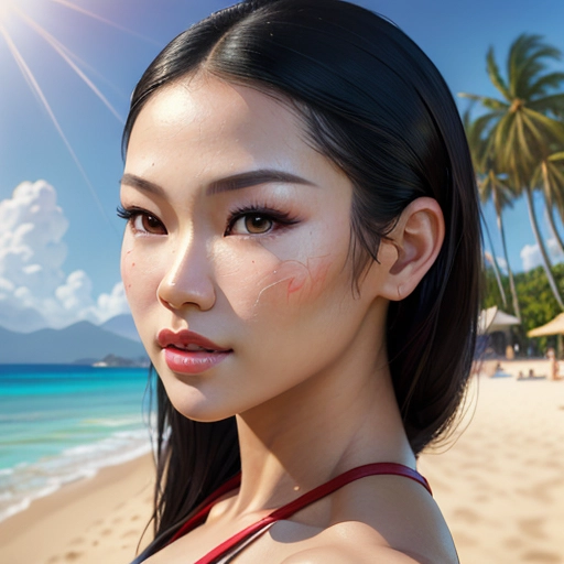 face portrait of a young woman (Asa Akira:1.2), (accurate and detailed face:1.1), extremely detailed face, white crop top, cleavage, looking sexy,
(Artgerm Art Style), Artstation, beautiful, masterpiece, best quality, perfect lighting,
sunny beach with palm trees, bokeh
cinematic composition, beautiful lips, perfect lips, perfect eyes, vivid colors, highest quality, highest resolution, (photorealist:1.2), (photorealism:1.2), (masterpiece:1.4)