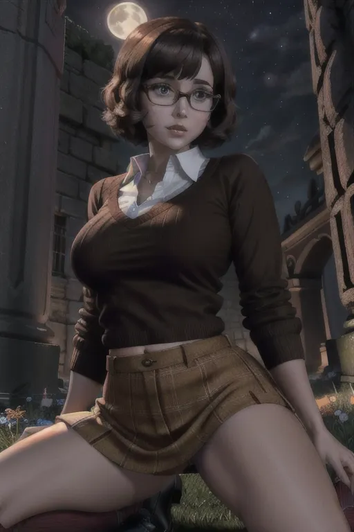 Photo of velma from scooby doo, young woman, wearing an orange sweater, wearing black rimmed glasses, wearing a plaid miniskirt, wearing knee high socks, looking at away from Camera, beautiful face, beautiful eyes, small pupils, short brown hair, big plump breasts, ((lifting up her shirt to expose breasts)), in dark cemetery, at night, full moon, volumetric lighting, focused, crawling on all-fours, upskirt, fingering pussy, erotic <lora:dpmg_scared_expression:0.5>