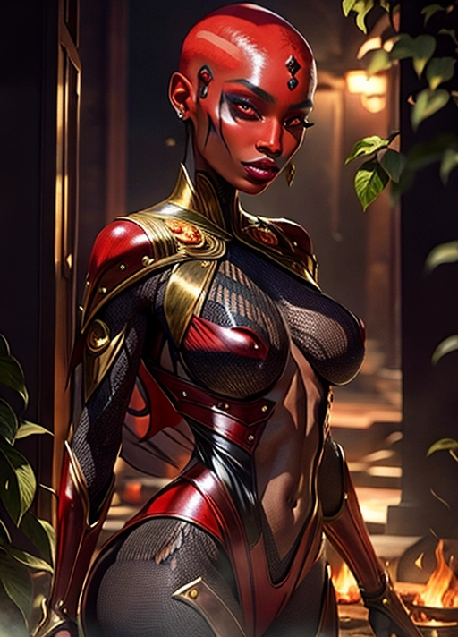 Ebony Red 26 year old demon girl ((((her entire head is visible)))), ((((enable advanced realistic skin texture layering protocols)))), (((Gorgeous face))), serpent tongue from her mouth, long fang teeth