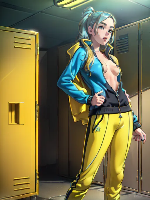 realistic HD photograph ((wide shot)), (((Florence Pugh))) ((((accurate face)))),(((in a locker room)))(((wearing unzipped yellow tracksuit with black trim)))(((topless))),((very sexy pose)),(((small perky breasts)))((blue eyes)),(((slender body))), five slender fingers, beautiful face, beautiful lips,detailed large eyes,curved eyebrows,cgsociety,cinematic lighting,studio lighting,professional,editorial,<lora:dpmg_fingering:1>