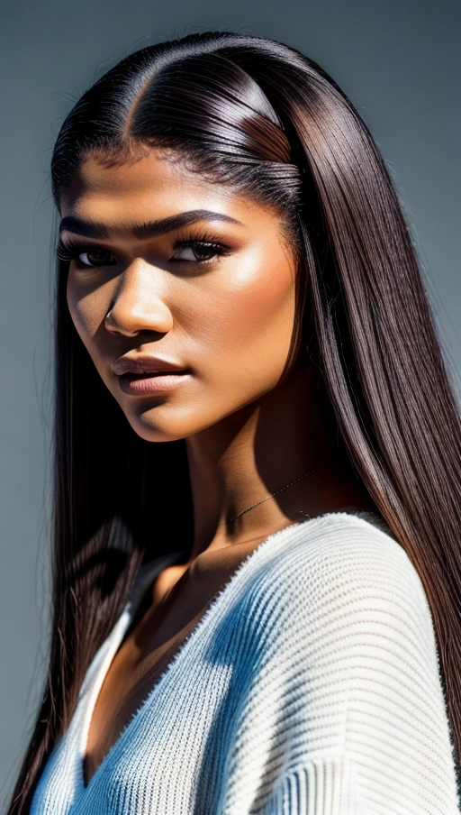 A high resolution photography of American actress Zendaya, professional full body photoshoot, posing in front of a black background, most erotic artistic photography, most erotic art, sensual,
((Long straight hair)), wearing a white oversized knit wool pullover, bearing one shoulder, wearing tight black leather pants,
ultra realistic detailed skin, realistic detailed hair, detailed glossy eyes, beautiful lips, detailed face, detailed textured skin, photorealistic, realistic detailed hair, pretty teeth, textured imperfect skin, realistic pretty feet, (accurate realistic eyes), accurate realistic teeth, accurate realistic mouth, accurate realistic skin color, accurate realistic skin tone, accurate realistic hair color, accurate realistic hair tone,<lora:dpmg_add_detail:1>,
(8k RAW photo), (best quality), (masterpiece:1.3), (photo-realistic), hair highlighted, UHD, Nikon Z5, (50mm lens), f2.8, sharp focus, tack sharp, dof, film grain, Fujifilm XT3, (bokeh), subsurface scattering, volumetric lighting, professional lighting, cinematic composition, UHD, Nikon Z5, (50mm lens), f2.8, sharp focus, tack sharp, dof, film grain, Fujifilm XT3, (bokeh), HDR, (highest quality:1.8), highest resolution, (photo-realistic:1.72)
--s 200 --v 5.2