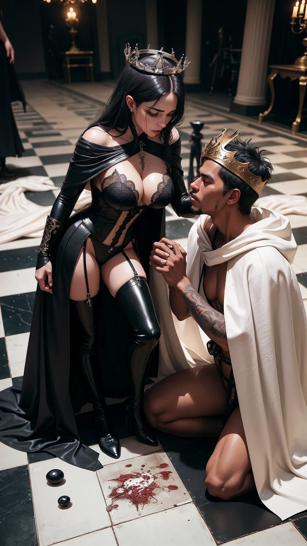 The scene takes place on a giant chessboard where the pieces are replaced by human, ((each tile being 2 meters wide)). The Black Queen has won over the White King.
(The Black Queen is 1 hot Caucasian woman (24 years old) wearing (a long opened black leather cape) over an (erotic black (lace) bodysuit (((with deep long neckline))) (exposing her breasts)(exposing her waist)) and (black leather thigh-high boots). She is holding a black long whip. She looks like a dominatrix. She is also wearing a huge Obsidian Queen crown. She is leaning towards the White King). (She is standing strictly on a large white 2m tile).
(The White King is a Black (naked) man wearing a (long white ermine cape) and (huge King crow made of white gold). He is on his knees looking at the White Queen, ((he is weeping bitterly)), and he is begging her with his hands clasped). (He is strictly on a black 2m tile).
(Multiple blood stains on the floor). Unconscious women in sexy white lingerie lying on the floor in background.