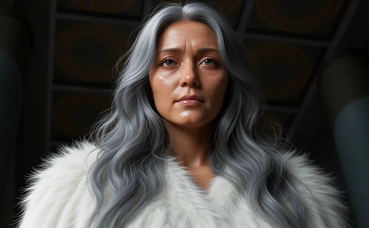 Transform the anime-style character into a highly realistic, cinematic human portrait while preserving her core identity and features. Render her with lifelike skin textures, including subtle pores, fine wrinkles around the eyes, and natural highlights. Convert her long gray hair into voluminous, silky strands of real hair with individual flyaways and a soft sheen. Her large expressive eyes should retain their shape but feature realistic irises, detailed pupils, and wet reflections. The fur-like texture of her white mantle should be rendered as thick, fluffy wool or realistic animal fur. Maintain the original composition, the warm facial expression, and the ornate background architecture, ensuring the lighting feels natural and three-dimensional to enhance the overall realism.