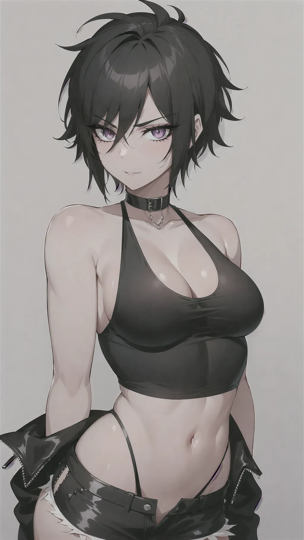 Stud friend, a woman, goth, short black hair, detailed eyes, detailed body, small boobs, black tank top, ripped pants
