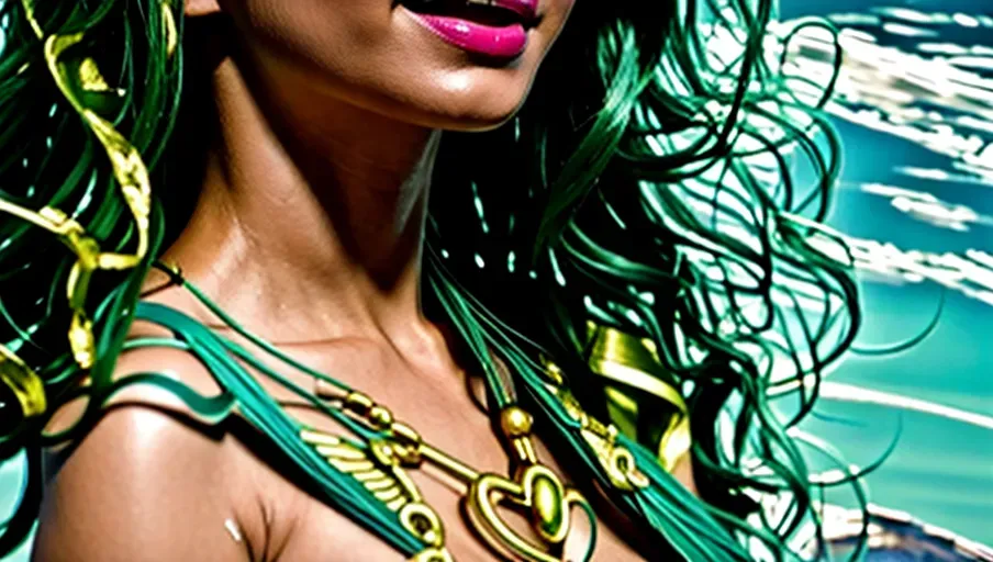 High quality Photorealistic and Cinematic. An androgynous yet beautiful, muscular, angel with a set of large green and gold angelic wings. She is naked and wears no clothes. She has 2 pairs of eyes with one pair that is fluorescent green and the other is sky blue. 4 eyes.
4 eyes. 4 ears. 4 ears. A large set of green and gold angelic wings. A set of angelic wings. Teal colored skin with a teal hue. Very long wavy hair. A big smile with full lips white teeth. Large firm breasts. She is muscular yet lean and feminine. She has a pair of beautiful green and gold angelic wings. She is wearing no clothes.