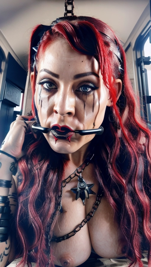 high quality, masterpiece, detailed, detailed face and eyes, realistic, (1girl, <lora:PN7xrGpnVMg_Ashlee:0.9>), (bionic eye:0.8), (prison architecture:1.3), ((prisoner uniform with breasts and pierced nipples exposed)), chains, biocyborg, digital painting, glowing grim red <lora:dpmg_black_see_through:0.5> <lora:dpmg_add_detail:0.7>, (<lora:shibari:0.5>), ((curly Banks hairs)), ((dpmg_ball_gag_v1)), ((dpmg_runny_makeup_v1)), ((chained to chair)), ((dpmg_face_cum_v1))