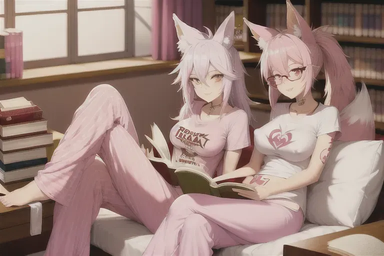 2 cute foxgirls, pink and white hair, tail, arm tattoos, piercings, t-shirt, covered nipples, pj pants, reading books, in a study room,
