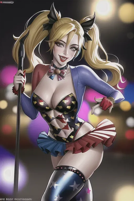 a realistic photograph of Harley Quinn (amber heard) ,wearing her iconic jester-inspired outfit with mismatched patterns, her blonde pigtails swinging as she moves, a playful smirk dancing on her lips, gripping her wooden mallet with both hands, poised to strike, one foot forward in a dynamic stance, exuding confidence and mischief, her eyes gleaming with excitement and unpredictability, surrounded by a chaotic whirlwind of confetti and laughter, the backdrop featuring a vibrant cityscape of Gotham, a colorful contrast to her darker antics, a sense of duality in her persona, a hint of her inner turmoil and affection for the Joker, her partner in crime, a playful yet dangerous aura, her pose radiating energy and enthusiasm, a symbol of rebellion against societal norms, a captivating blend of charm and insanity, embodying the essence of a beloved anti-heroine, in this scene, Harley Quinn showcases her unique and captivating presence, leaving a lasting impression on the viewers, studio lighting,unreal engine,cgsociety,bokeh,cinematic lighting