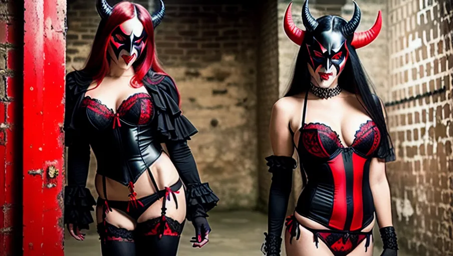 A gorgeous transgender woman (m2f) wearing devil mask, her full body in the image, lots of red and black ,vibrant, vivid, art, realistic, fantasy, HDR, 32K, romantic, high heels, panties, lingerie, sexy, beautiful, female perfection, nudity, background concentration camp, dungeon, people in cages background,