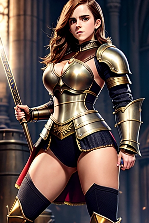 Emma Watson, knight, no helmet, in skin tight armor, sexy,hyper realistic, sexy pose,big thighs,realistic face, show legs,cleric,busty,huge breasts,muscular,skinny waist,wide hips,metal arm,bbw