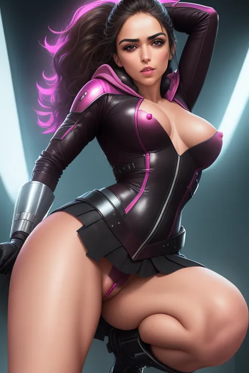 A cute and beautiful super hero, super hero, super powers, half naked, hood over head, medium brunette hair, Alexandria Ocasio-Cortez, fit figure, small breasts, thin waist, thicc ass, full thighs, heart shaped emblem on chest, very revealing black and pink onesie uniform with skirt, knee length boots, naked under skirt, utility belt with gadgets, aroused clit, aroused wet pussy, throbbing anus, flying over me, streching her hand out to me to save me, wants me to fuck her, submissive, sweet, helpful, stormy night, lightning, high definition, 4k quality, excellent lighting, great shading, pristine detail, very clear picture, accurate at lower promp guidence, ultra realistic, five fingers per hand, POV- you are on the ground looking up at her.