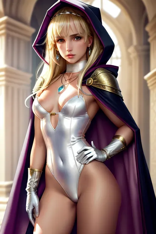 High Fantasy, Britney Spears, necklace, ((showing pussy)), white leotard, beautiful face, shy, gloves, cloak, standing, fit, ((blonde hair)), highly detailed, correct human anatomy, looking at viewer, front, closeup,