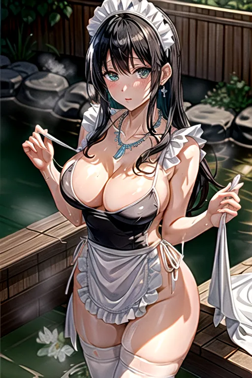 masterpiece,best quality,bathroom,close up,onsen,in water,wet clothes,outdoors,bright light,1girl,jewelry,earrings,necklace,beautiful face,black hair,full body,standing,steam, water drop,wet dody <lora:dpmg_add_detail:0.8>, <lora:jp_maid_dress:0.7> white thighhighs, underwear,maid headdress,apron