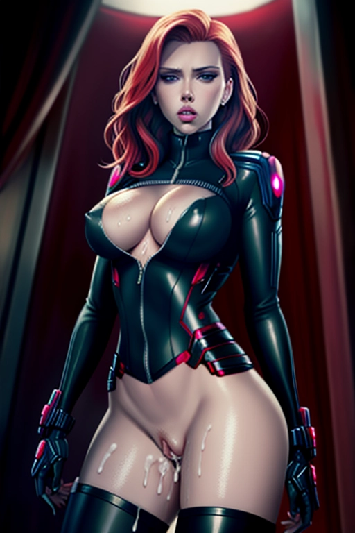 Scarlett Johansson black widow, slender, perfect body, no panties, cum dripping pussy, pussy soaked with cum, covered in cum, cumshot, huge load, extreme amounts of cum, boobs must be seen, pussy must be seen, motionless, her glassy eyes stare blindly into nothingness, cum, sperm,