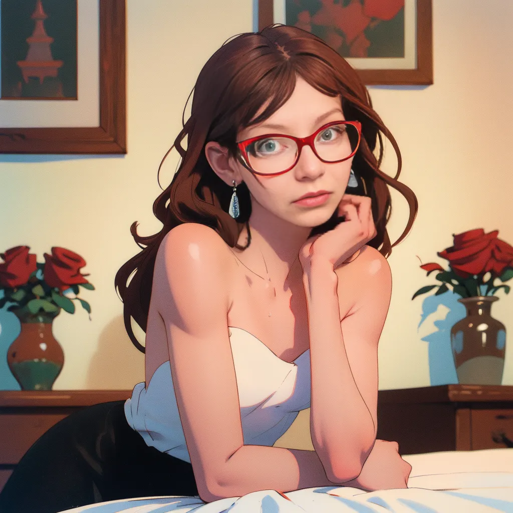 photograph of a young woman, short brown hair, wearing black-rimmed glasses, topless, small breasts, fair skin, multiple tattoos on arms and shoulders, floral and geometric designs, sitting on bed, white pillows, red and white string lights in background, red wall on left, wooden dresser with red roses in vase, small framed pictures, soft natural light, bedroom setting, casual, intimate, confident expression, slightly parted lips, thin physique, natural look, realistic, detailed, cozy atmosphere, modern, contemporary style, realistic photography, focus on subject, slight bokeh effect in background, warm color tones, relaxed, personal space, tries to seduce you