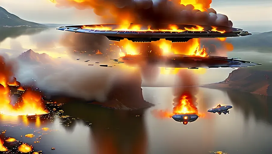 ((Masterpiece of realism, digital painting style)), (Top view of unusual ufo on fire, daytime crash-landing in water lake ufo crash site)