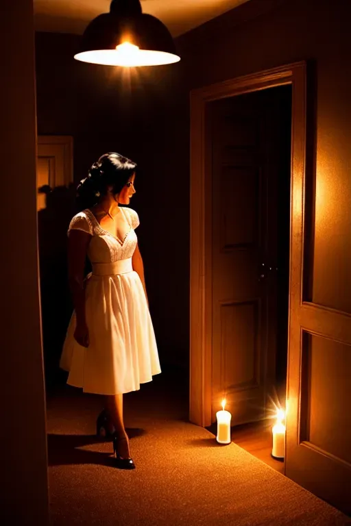 Shreya leading her boyfriend into a dimly lit bedroom. The room is adorned with flickering candles, casting a soft, warm glow. The atmosphere is filled with anticipation and desire, with visible shadows dancing on the walls. Pay attention to their facial expressions, body language, and the subtle interplay of light and shadows.
