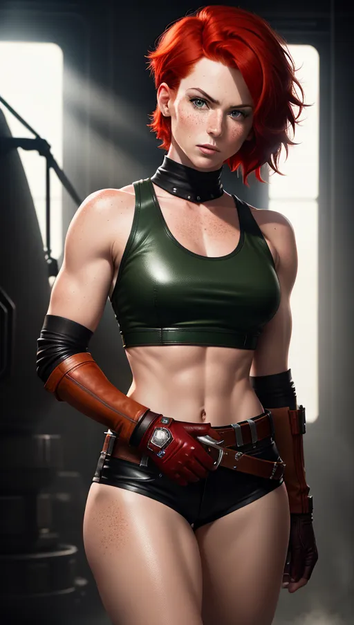 Short red hair, freckles, green eyes, serious face, leather tank top, leather pants, elbow length gloves, leather belt, 8k resolution, high definition, cinematic lighting