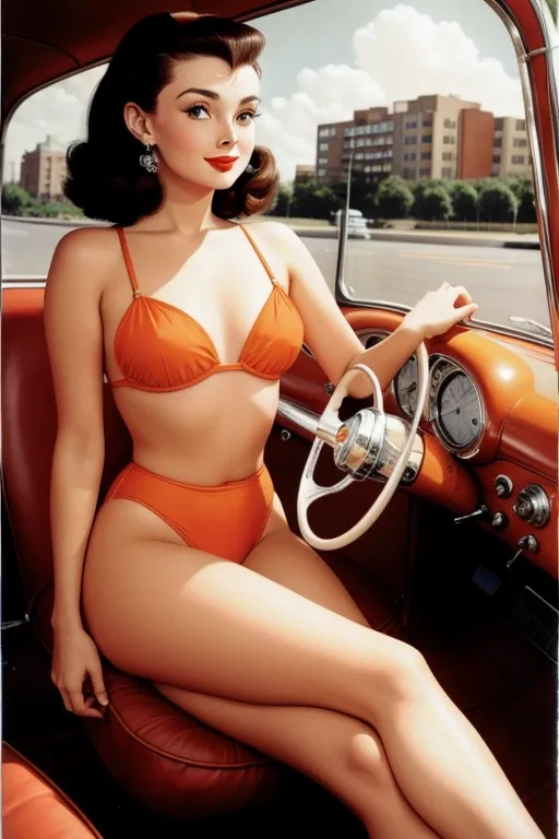 1950s style pin-up. A beautiful brunette woman is sitting in the front seat of a car. features of Audrey Hepburn . She is wearing an orange bikini. Through the window of the car we can see that it is a sunny day. Buildings visible.