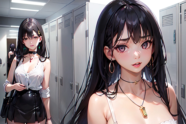 photorealistic, 8k, accurate face, (((detailed face))), (((replicate inspiration face))), full figure shot, shining eyes, female face, cute, 21 years old gorgeous, luxuriously long black hair, lipstick, bangs, small breasts, choker, necklace, pendant,
wearing white tight blouse and black mini skirt outfit, in locker room,