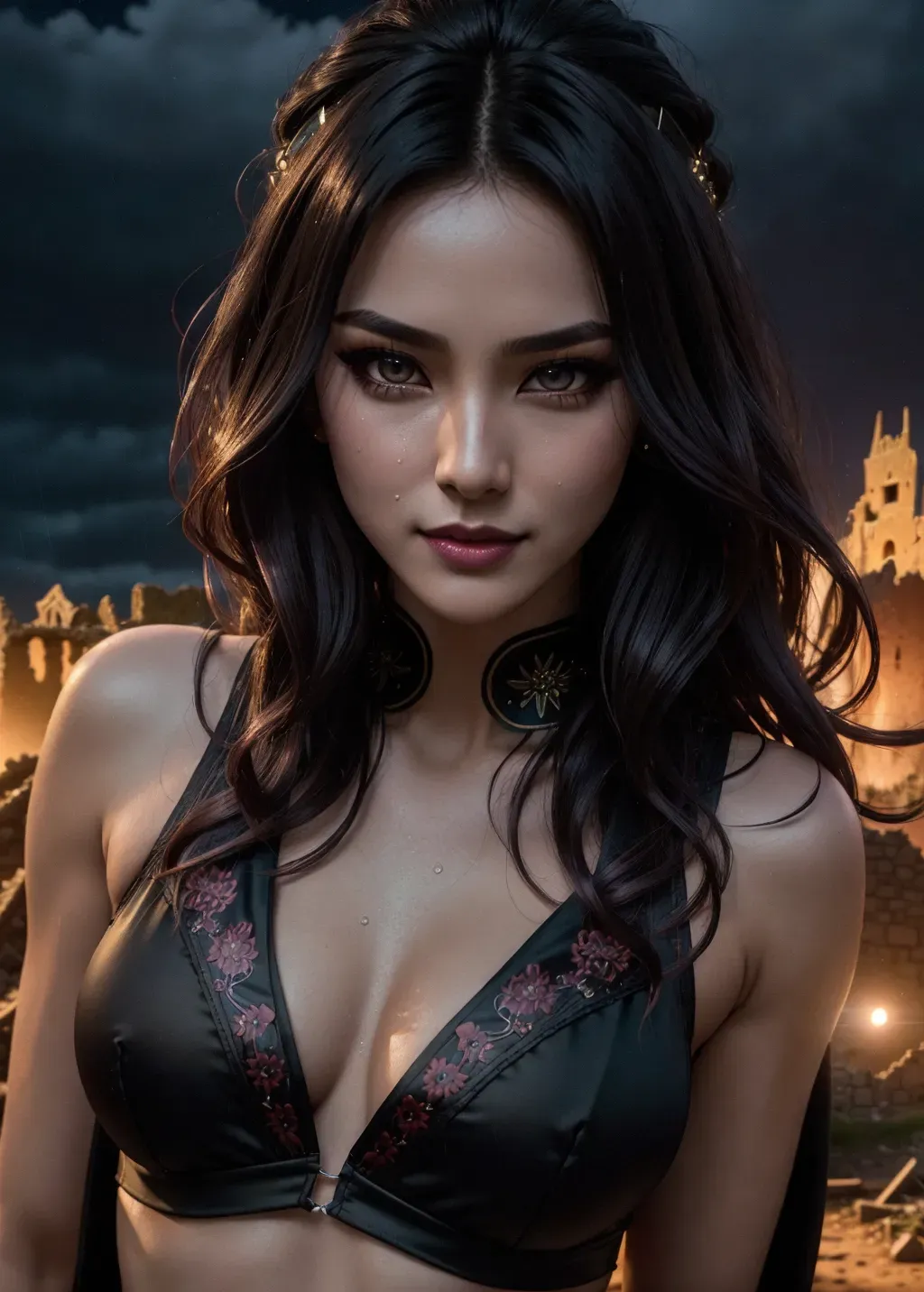 (full body:1.5), cinematic film still cinematic photo, gothic, Best Quality, Masterpiece:1.2), (Photorealistic:1.37), (1female), Wavy Cut with Curtain Bangs, assassin, samurai, slender, (Korean:1.5), eyeshadow, lipstick, mascara, long_eyelashes, light_blush, nail_art, small_breasts, slender_waist, midriff, sportswear, cropped_shirt, t-shirt, sleeveless_shirt, tank_top, vest, cargo_pants, capri_pants, print_kimono, print_cheongsam, incredibly absurdres, naughty_face, smirk, seductive_smile, random pose, wide_shot, dynamic_angle, depth of field, bokeh, stare, raytracing, studio quality, octane render, 8k, Leica DSLR, 17mm photograph, film, professional, highly detailed<lora:add_detail:1>, masterpiece, High Detail RAW color Photo, (full frame), (Wide-angle: 1.0), A beautiful maiden, (standing in the ruins of Slains Castle near Cruden Bay: 1.5), (Moonlit night: 1.5). has had too much to drink: 1.0), (Celtic:Romanian: 0.6), (slender body), (best hair: 1.0), windswept hair. best hair, wild hair, (highly detailed eyes), (highly detailed facial features), gypsy, vampire, witch, seductress, Erinyes, boho, celtic clothes, robe, peasant, (detailed clothes features), Blonde, Brunette, Redhead, (best makeup), (smokey eye shadow), wet skin, sweating, flawless skin, tight skin, porcelain skin, (perky small breasts: 1.5), high detail hair, lonely, sad, crying, tears, despair, drunk, staggering, random pose, (looking away from camera: 1.0) fantasy, (night time:1.5), hyper-realistic, amazing fine detail, rich colors, lifelike texture, beautiful natural lighting, shallow depth of field, photorealism, volumetric lighting, Ultra HD, using a professional DSLR camera <lora:detailed_eye:1> . shallow depth of field, vignette, highly detailed, high budget Hollywood movie, bokeh, cinemascope, moody, dark, epic, gorgeous, film grain, grainy, (hyperrealism:1.5), High Detail RAW color Photo, close up portrait, a gorgeous female asian ninja, futuristic embroidered silk robe, hakama clothing, long wavy hair, detailed clothing, intricate clothing, dynamic pose, motion, katana, slender body, toned body, perfect face, wild dark hair, cyberpunk lifestyle, cyberpunk city, seductive eyes, smokey makeup, slim athletic body, (perky small breasts: 0.75), seductive grin, photography, neo noir, bokeh, night lighting, fog, wind, shallow depth of field, photorealism, volumetric lighting, Ultra HD, raytracing, DSLR camera, studio quality, octane render, ominous clouds, rain, rainy weather