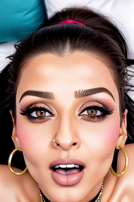 64k high detail extreme closeup full color close-up photography extreme close up photo of the right earlobe and right shoulder of 22 year old Aishwarya Rai, (lying on her back), (head on a silk pillow), messy hair splayed on pillow, full makeup, beautiful eyes, sultry lips, opulent earrings, elegant necklace, (expression of intense sexual pleasure), (sexually aroused), (sexually excited), looking at me,(smiling provocatively), (sexually inviting expression), (alluring expression),(((demanding sex expression))),((fuck me now expression)),