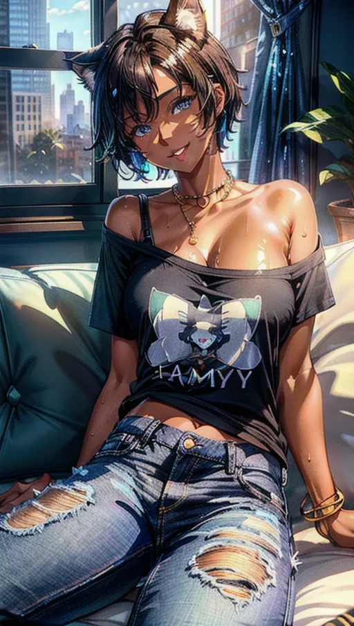Best quality, high res, 1 adult woman, (a breathtaking masterpiece of close up portrait shot of an adult female catgirl with dark brown skin and short black hair lounging on a sofa chaotically like a cat in a modern apartment), (short black hair, cat tail, cat ears), (Tshirt and mini jeans with ancient egyptian jewellery:1.2),
(perfect hands, perfect legs), sitting chaotically, (correct human anatomy, shirt sliding off one shoulder), (extremely detailed dark blue eyes looking at viewer:1.3), (extremely detailed face with happy expression:1.35), (beautiful detailed lips with tongue out:1.2),
stunning dreamy atmosphere, beautiful colourful lighting, vivid colours, cinematic composition of a close up portrait, soft focus, sharp and clear image, (candid:1.1), (flat shading stylised art:1.27), <lora:dpmg_add_detail:1>, (physically-based ray tracing, photon mapping, photorealistic:1.22), (high resolution masterpiece, 4k, HDR, UHD:1.25), (modern apartment cluttered with large window view of city background), 4k, HDR, UHD,
partially undressed, short mini jeans, (short hair, cat tail, cat ears, dark brown skin, dark blue eyes, ancient egyptian jewellery:1.2), (glistening with sweat:1.15)