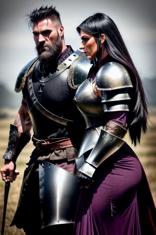 (A professional photograph of a tall and muscular caucasion male warrior fighting through a bloody battlefield to reach his beautiful and voluptuous latina female lover)
Male subject has black hair and a short trimmed beard
Male subject is wearing black fantasy plate armor
Female subject is wearing a sexy black silk dress with silver and purple trim
Female subject is curvy and has latina features
Female subject appears frightened
Female subject does not wear armor
(((background is very dark medieval battlefield)))
<lora:dpmg_add_detail:1>