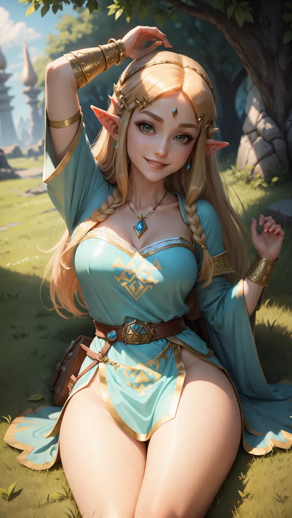 Princess Zelda, laying in grass, upskirt, teasing pussy, smiling seductively at viewer, hyrule in the background,