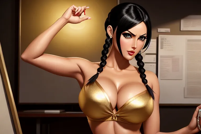 a digital painting of,nico robin,wearing camisole,doing sexy pose,at the office,big breasts,five fingers per hand,braids hair,gorgeous face,beautiful lips,detailed large eyes,curved eyebrows,curved eyelid,smooth skin,romantic,wearing golden ring,sharp focus,pixiv,surreal,8k,cinematic lighting