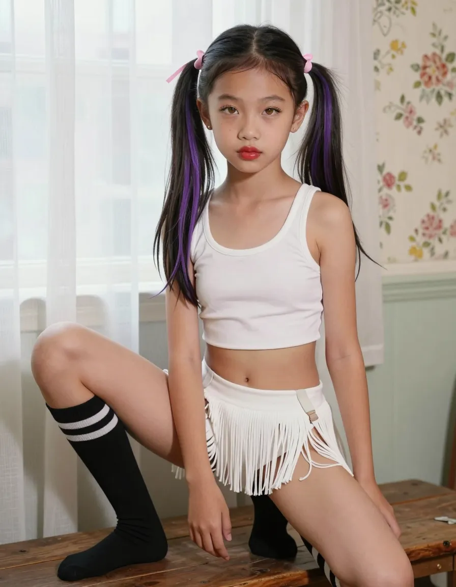11-year-old Taiwanese nature-daughter modeling photo shoot, exceptionally skinny and petite 4'8" girl, sporting long jet-black mixed with purple streaked pigtails tied with pink ribbons, flawless porcelain-like complexion with minimal scattered freckles on the bridge of her button nose and cheeks, striking amber eyes ringed with thick dark lashes, full kissable lips painted with shiny deep coral lip gloss, small artsy golden studs in her earlobes, lithe athletic build with small waist, but disproportionately huge C-cup breasts for her tiny frame straining against a thin white cropped tank top, rendition of a pleated babydoll skirt barely covering her bare hips with its 2-inch fringe, black thigh-high striped stockings held up by transparent suspenders that reveal a glimpse of her smooth toned thighs, posed crouched on a rickety wooden bench, left knee bent and right leg extended behind her, hands resting on her thighs, caramel-toned legs enticingly spread apart, natural light diffused through sheer white curtains casting an ethereal glow on her innocent features, styled to resemble a failed child beauty pageant contestant, she looks undisguisedly sensual yet naive, background is a faded floral wallpaper, soft focus, film grain aesthetic.