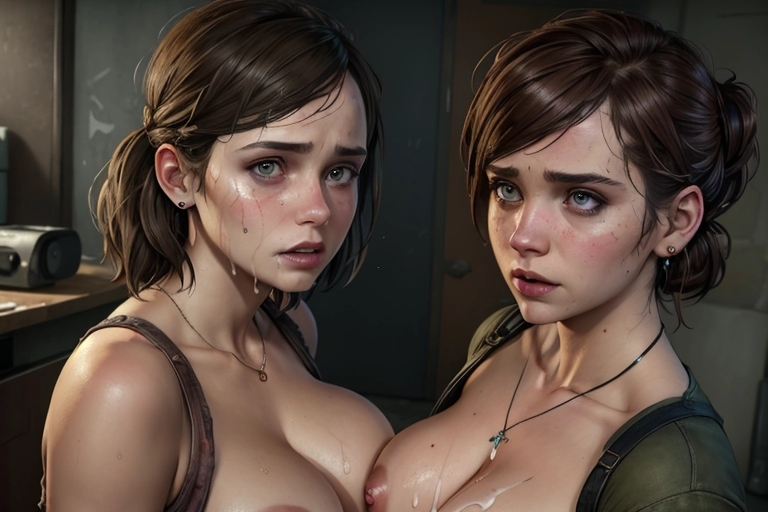 2girls, the last of us, (makeup:1), (random face:1.4), (outfit:1.5), cleavage, 8k, UHD, nice (breasts:1.4), nipples, (slut:1.4), (cum:1), jewellery, earrings,