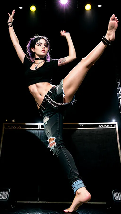 adult topless barefoot white-skinned punk singer girl with dark hair wearing a black t-shirt and wearing long black jeans and wearing fingerless gloves and wearing a choker and wearing chains and wearing toeless socks while in a sitting at the edge of a stage during a rock concert with her feet dangling into the audience hands beneath her, hands reaching for feet, bare feet, black nipples, toes, adult girl, long jeans, barefoot, barefoot, toeless socks, wearing toeless socks,