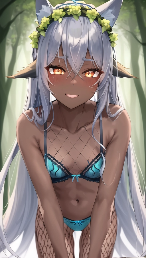 Female focus, perfect lighting, ((blue fishnet lingerie)), long silver hair, masterpiece, best quality, big smile, ((crawling on hands and knees)), best colors, 4K resolution, best colors, vibrant colors, deep colors, blushing face, forest background, detailed background, great eyes, glowing golden eyes, very detailed eyes, beautiful face, forest leaf design on clothing, grass, ground cover, bushes, (flower crown), high contrast, phoenix, small tits, fox tail, thigh gap, fox ears, wet pussy, ((dark skin))