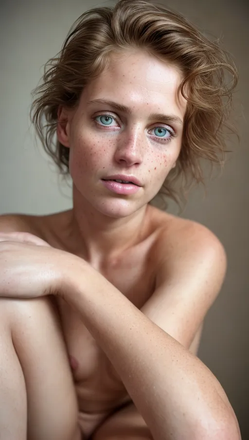 masterpiece, (realistic, photo-realistic:1.37), ultra detailed, ultra detailed skin, professional photograph, beautiful Nordic woman, greenish eyes, short red messy hair, freckles, ((nude)), (large breasts), at home, eyes half open, open mouth, flushed face, sweaty wet skin, <lora:dpmg_add_detail:0.85>, dimly lit room, incandescent light, five fingers per hand, detailed textured skin, ((full body visible in frame))
