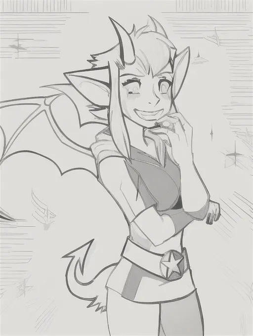 masterpiece, best quality, full face, half body, 1girl, solo, short_hair, horns, imp, smile, pink hair, tussled hair, blue hoodie tunic, belt with star long_gloves, mono lens goggles, lineart, bat wings, tail, centered in frame, dynamic, <lora:manga_lineart:1>