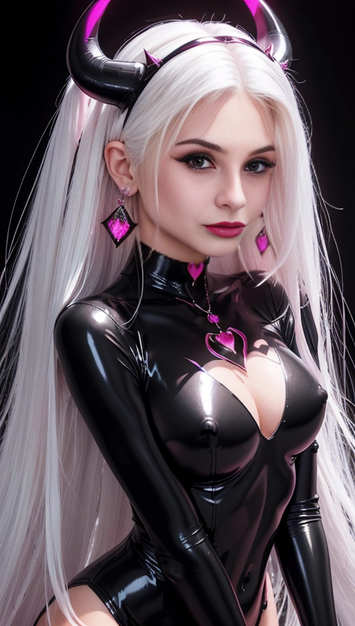 best quality, (((ultra high res))), (((detailed face and eyes))), ((perfect face)), (big shining heart choker), earrings, jewelry, (conjuring), witch, ((very long voluminous hair)), ((((white hair)))), ((((black skintight neckholder)))), ((((pink lipstick)))), ((black long sleeves)), ((glowing heart)), (((demon mark))), ((((straight hair)))), (((Kylie Jenner))), (((((very very long hair))))), (((perfect face and eyes))), (((straight hair))), (black latex suit), ((succubus)), hearts, dark background, (((face closeup))), (((pink diamond diadem))), (black demon horns), (((seductive smile))), (((orgasm))), (((orgasming))), (((diadem)))