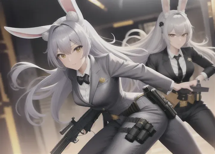 best quality, highly detailed, an anime girl detective wearing arm holstered guns a button up shirt and grey slacks, fluffy bunny ears, fluffy bunny tail, cute, fighting bad guys in an ally, martial arts, perfect figure, absurd resolution, highly detailed background, vivid colors, world lighting, 8k, wallpaper, (leather gun holsters), wide shot, the holstered guns are glocks