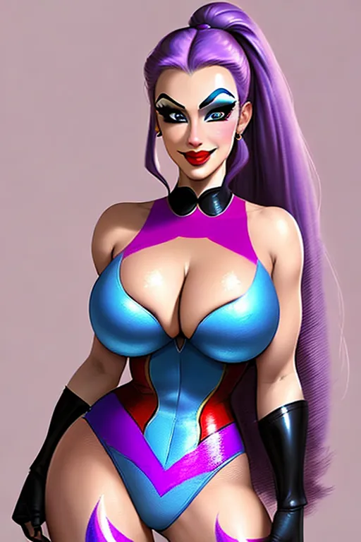 A 25 year old female superheroine, beautiful round face, highly detailed large eyes, seductively smiling, perfect small breasts, dressed in a sexy circus costume, harlequin face paint, long purple hair. Pale Blue eyes, comic book style