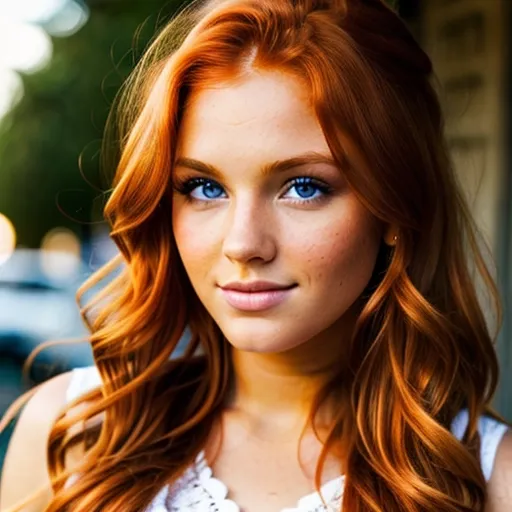 A cute gorgeous tanned stunning ginger Irish redhead (young teenage) model with long wavy hair, huge large round eyes, long eyelashes