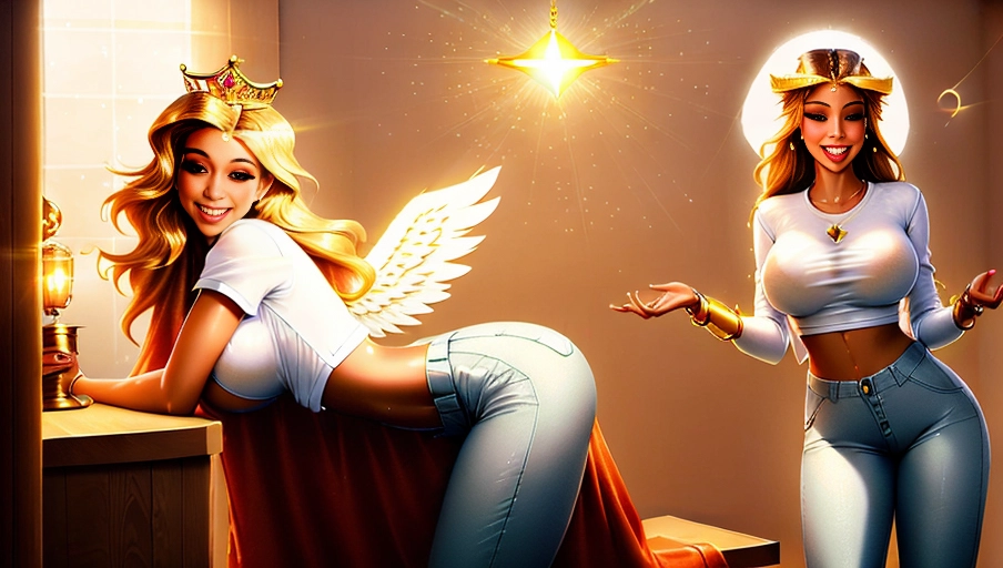a 64k high detailed photo of body shot of straight Female Angelic HDR Professional ((In shirt))) (((Has pants))) Godly Ultra Detailed Best Quality Most Detailed ((Angel Wings)) Angelic Lighting Love Hope Magic casting Crown Smiling Queen happy Glory Warrior Angels Angelics Positivity Happiness ecstasy enraptured sweaty saving God Royalty Morality Goodness True Good Power Force Authority Ethical Saviour Halo short Hair Always and Forever Sentimental in heat hot ultra hot best best lighting tantric Neutral Brilliant Logical Compassionate Perfect Perfection Exciting Integrity Winged Courage Purity Harmony Beauty mark on upper lip ((Female)) ((Ethereal Lighting)) ((Celestial Lighting)) (((With Clothes))) ((With God Item)) (((God Tech))) (God Magic) with items of power God Wings ((Afterlife Light)) (Perfect Tits) (Perfect Ass) (Love Worship) ((Happy Expression)) ((smiling)) AJH True Happiness (Pleasure) (True Love) ((Angelic Hair)) ((Purity))